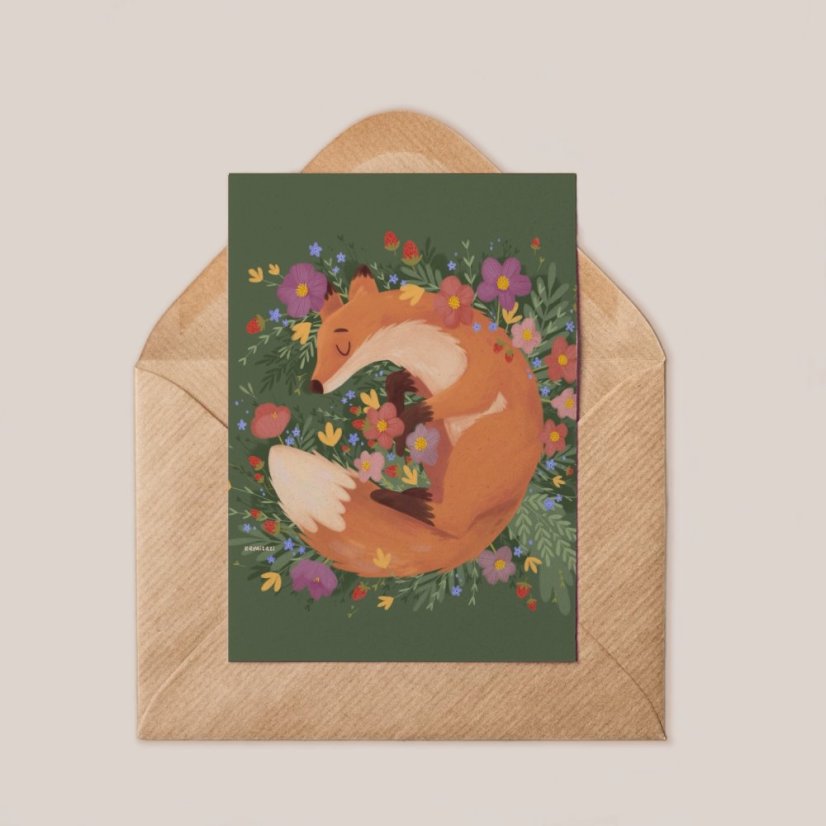 Přáníčko — liška v pelíšku